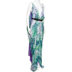 مملوكة مسبقًا Roberto Cavalli Multicolor Printed Silk Plunging Neck Kaftan Maxi Dress M