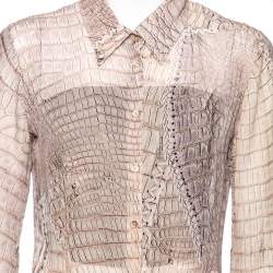 Pre Owned قميص روبرتو كافالي حرير بيج مطبوع بأزرار أمامية مقاس متوسط - ميديوم