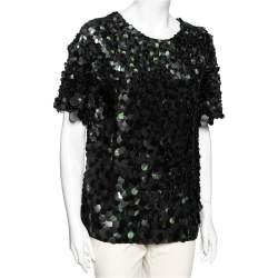 Pre Owned توب روبرتو كافالي حرير مزخرف ريش وبيلت لونين مقاس متوسط (ميديوم)