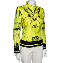 Pre Owned Roberto Cavalli Neon Yellow Printed Silk Pocket Detailed Jacket M 
