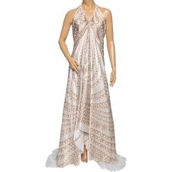 Pre Owned Roberto Cavalli White Printed Silk Pleated Halter Neck Slit Detailed Flared Dress M