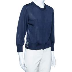 Pre Owned Roberto Cavalli Navy Blue knit & Embroidered Lace Paneled Button Front Cardigan M