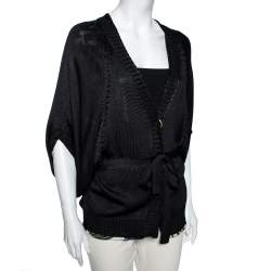 Pre Owned كارديغان روبرتو كافالي تريكو أسود محزم بأزرار أمامية مقاس متوسط