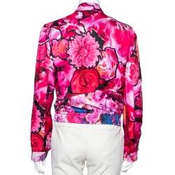 Pre Owned Roberto Cavalli Pink Floral Printed Silk Button and Zip Front Cuff Sleeve Jacket M