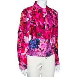 Pre Owned Roberto Cavalli Pink Floral Printed Silk Button and Zip Front Cuff Sleeve Jacket M