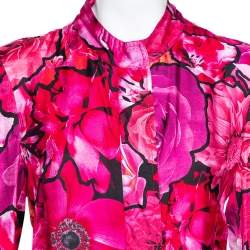 Pre Owned Roberto Cavalli Pink Floral Printed Silk Button and Zip Front Cuff Sleeve Jacket M