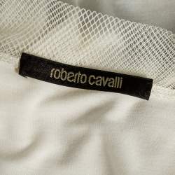 Pre Owned Roberto Cavalli White Printed Nylon Mesh Trim Top M