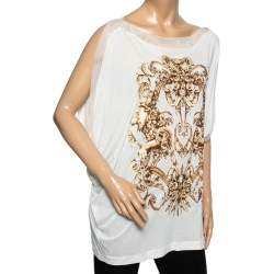 Pre Owned Roberto Cavalli White Printed Nylon Mesh Trim Top M