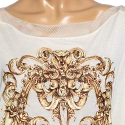 Pre Owned Roberto Cavalli White Printed Nylon Mesh Trim Top M