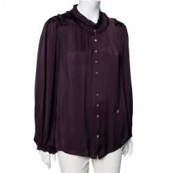 Pre Owned قميص روبرتو كافالي حرير بنفسجي بكشكشة وأزرار أمامية مقاس متوسط - ميديوم