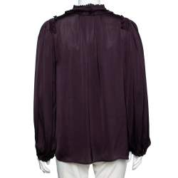 Pre Owned قميص روبرتو كافالي حرير بنفسجي بكشكشة وأزرار أمامية مقاس متوسط - ميديوم