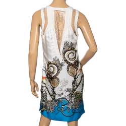 Pre Owned Roberto Cavalli White Printed Silk Swing Trim Sleeveless Dress M