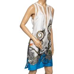 Pre Owned Roberto Cavalli White Printed Silk Swing Trim Sleeveless Dress M
