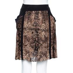 مملوكة مسبقًا تنورة روبرتو كافاللي جلد وحرير مطبوع بني مزين طيات مقاس وسط ( ميديوم )