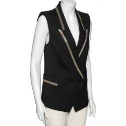 Pre Owned بليزر روبرتو كافالي صوف أسود مزخرف بلا أكمام مقاس متوسط - ميديوم