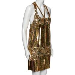 Pre Owned فستان بلا أكمام روبيرتو كافاللي حرير مطبوع متعدد الألوان مزخرف ترتر مقاس وسط ( ميديوم )