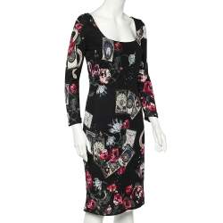 مملوكة مسبقًا فستان روبرتو كافالي جيرسيه مطبوع أوراق التاروت أسود برقبة مستديرة مقاس متوسط - ميديوم