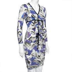 Pre Owned فستان ميدي روبرتو كافالي جيرسيه مورد مطبوع متعدد الألوان بكشكشة مقاس صغير - سمول