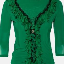Pre Owned Roberto Cavalli Green Jersey Ruffle Trimmed Top M