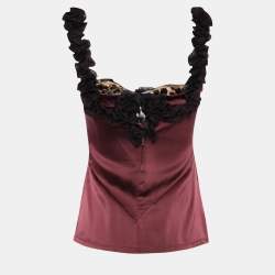 Pre Owned Roberto Cavalli Burgundy Satin Silk Ruffled Bustier Top M