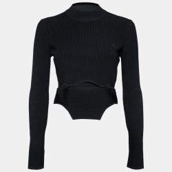 Pre Owned Roberto Cavalli Black Knit Cut Out Button Detailed Crew Neck Top M