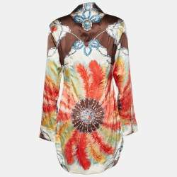 Pre Owned Roberto Cavalli Multicolor Bejeweled Feather Print Silk Tunic L