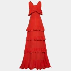 مملوكة مسبقًا Cavalli Class Orange Crepe Ruffle Tiered Maxi Dress S