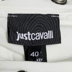 Pre Owned Roberto Cavalli White Printed Jersey Eyelet Top S