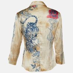 Pre Owned Roberto Cavalli Beige Printed Silk Button Front Shirt S