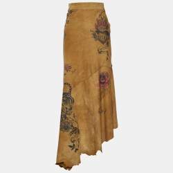 مملوكة مسبقًا Roberto Cavalli Brown Suede Floral & Tiger Print Asymmetric Skirt S