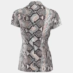 Pre Owned Roberto Cavalli Grey Snakeskin Print Knit V Neck Blouse M
