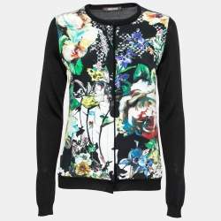 Pre Owned Roberto Cavalli Black Printed Silk Inset & Knit Long Sleeve Cardigan S