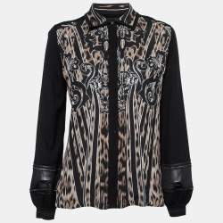 Pre Owned Roberto Cavalli Black Printed Silk Inset & Knit Button Front Cardigan M