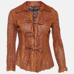 مملوكة مسبقًا Roberto Cavalli Brown Laser Cut Leather Tie Up Jacket S