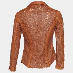 مملوكة مسبقًا Roberto Cavalli Brown Laser Cut Leather Tie Up Jacket S