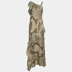 Pre Owned Roberto Cavalli Beige Snakeskin Print Silk Asymmetric Maxi Dress M