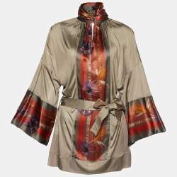 Class by Roberto Cavalli Grey Stretch Knit Printed Panel Belted Tunic Top L
