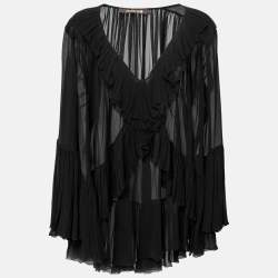 Pre Owned Roberto Cavalli Black Silk Ruffled Blouse M