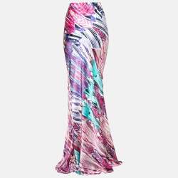 Pre Owned Roberto Cavalli Pink Multicolor Abstract Print Silk Maxi Skirt M