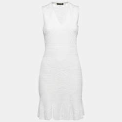 Pre Owned Roberto Cavalli White Patterned Knit Sleeveless V-Neck Dress M