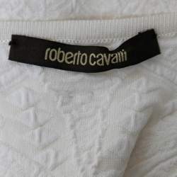 Pre Owned Roberto Cavalli White Patterned Knit Sleeveless V-Neck Dress M