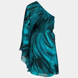 Pre Owned Roberto Cavalli Green Printed Silk One Shoulder Belted Kaftan Top M