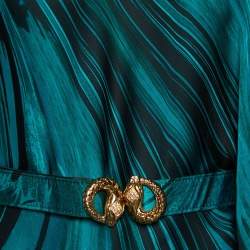 Pre Owned Roberto Cavalli Green Printed Silk One Shoulder Belted Kaftan Top M