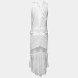 Pre Owned Roberto Cavalli White Patterned Knit & Lace Paneled Maxi Dress M