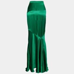 Pre Owned Roberto Cavalli Green Silk Satin Flared Maxi Skirt L