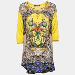 Pre Owned Roberto Cavalli Yellow Printed Silk Round Neck Top S