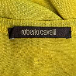 Pre Owned Roberto Cavalli Yellow Printed Silk Round Neck Top S