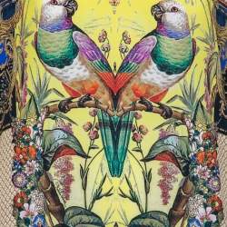 Pre Owned Roberto Cavalli Yellow Printed Silk Round Neck Top S