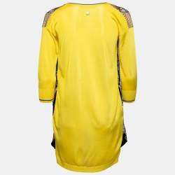 Pre Owned Roberto Cavalli Yellow Printed Silk Round Neck Top S