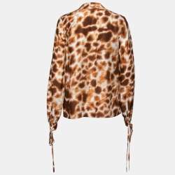 Pre Owned Roberto Cavalli Brown Printed Crepe De Chine Tie Detail Blouse S